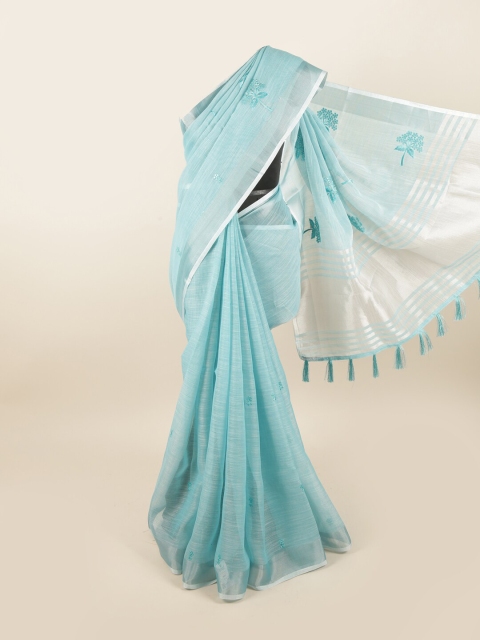 

Pothys Blue & Silver-Toned Floral Zari Linen Blend Saree