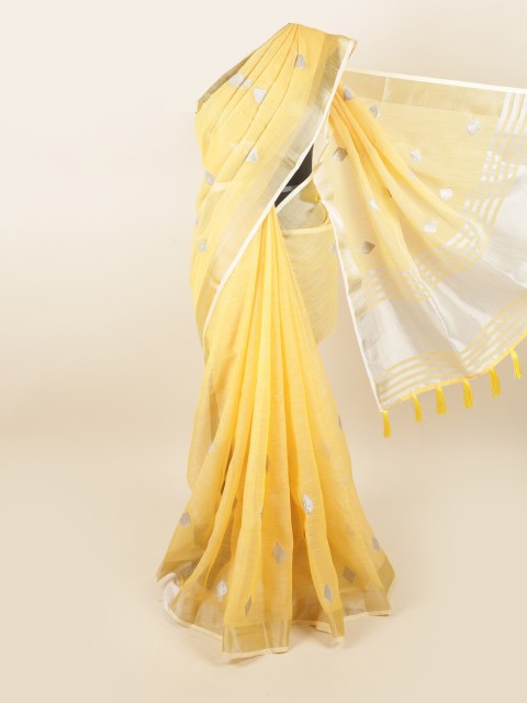 

Pothys Yellow & Silver-Toned Woven Design Zari Linen Blend Saree