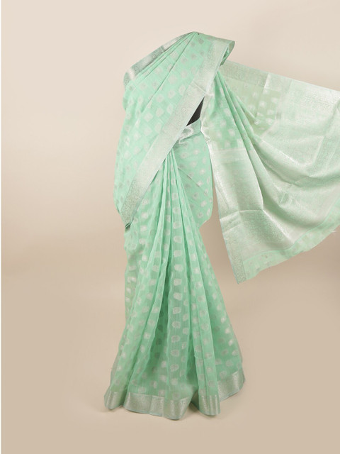 

Pothys Green & Silver-Toned Woven Design Chanderi Saree