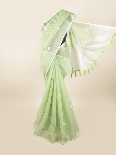 

Pothys Green & Silver-Toned Woven Design Linen Blend Saree
