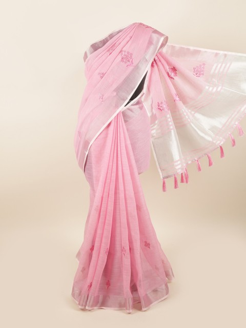 

Pothys Pink & Silver-Toned Woven Design Linen Blend Saree