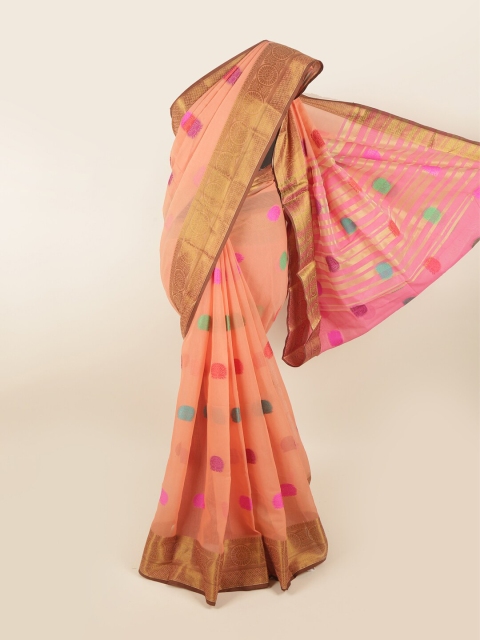 

Pothys Peach-Coloured & Purple Ethnic Motifs Chanderi Saree