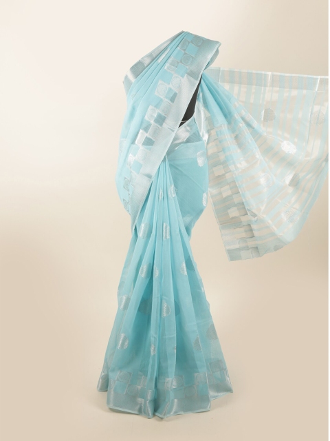 

Pothys Blue & Silver-Toned Woven Design Chanderi Saree