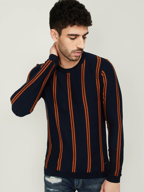 

Bossini Men Navy Blue & Orange Striped Pullover Sweater