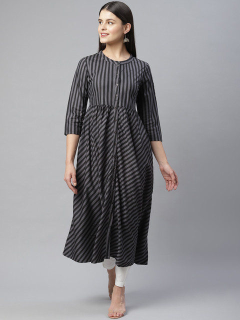 

HERE&NOW Women Black Striped Anarkali Kurta