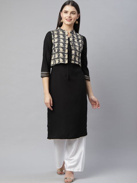 

HERE&NOW Women Black & Beige Ethnic Motifs Printed Kurta With Jacket