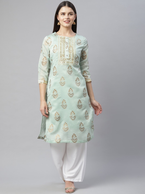 

HERE&NOW Women Sea Green Ethnic Motifs Printed Gotta Patti Kurta