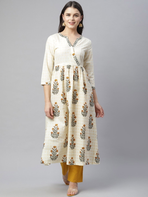 

HERE&NOW Women Cream-Coloured & Yellow Floral Printed Anarkali Kurta