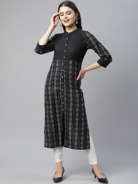 

HERE&NOW Women Black Geometric Striped Kurta