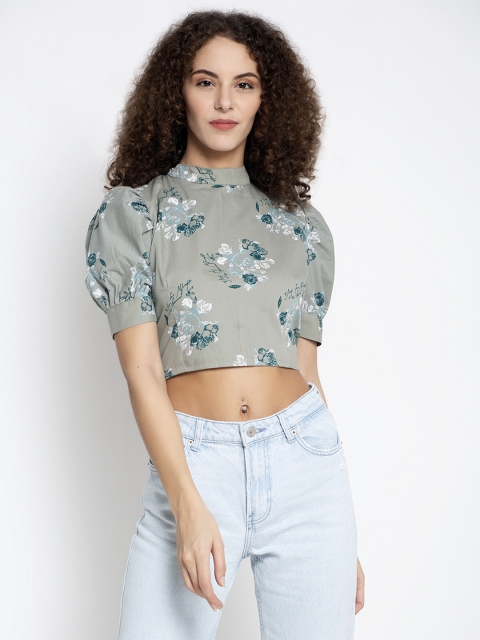 

ELEVANTO Teal Floral Fitted Crop Top