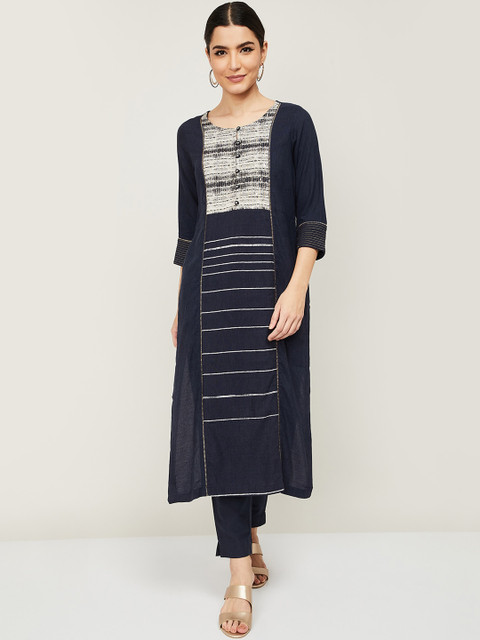 

Melange by Lifestyle Women Navy Blue Yoke Design Regular Kurta with Trousers