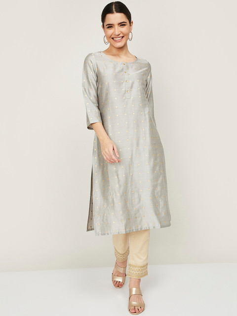 

Melange by Lifestyle Women Grey & Gold-Coloured Polka Dots Printed Kurta