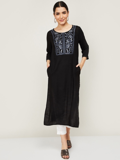

Melange by Lifestyle Women Black & Blue Floral Yoke Design Thread Work Cotton Kurta