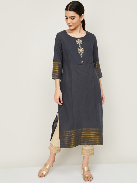 

Melange by Lifestyle Women Grey & Gold-Coloured Mirror Work Cotton Straight Kurta
