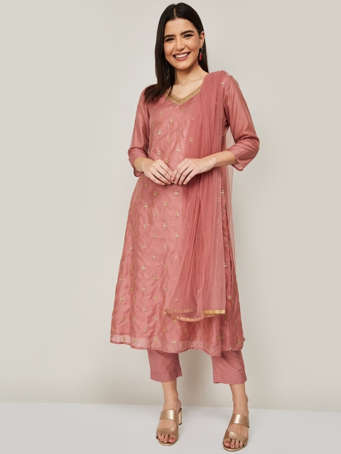 

Melange by Lifestyle Women Pink Ethnic Motifs Embroidered Regular Kurta with Trousers & With Dupatta