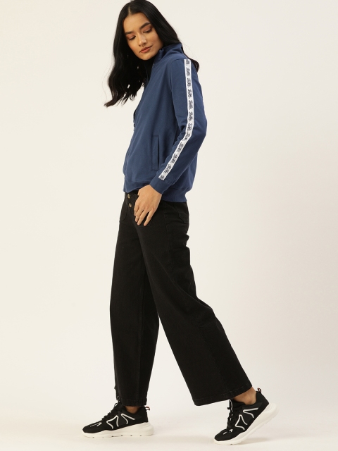 

Flying Machine Women Navy Blue Side Taped Pure Cotton Front-Open Sweatshirt