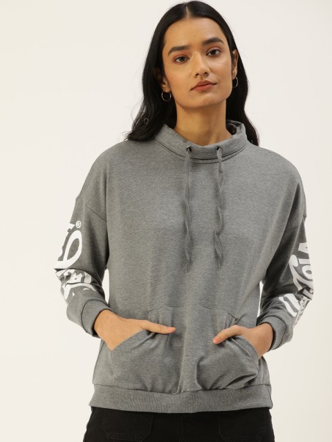 

Flying Machine Women Grey Melange Solid Sweatshirt with Printed Sleeves