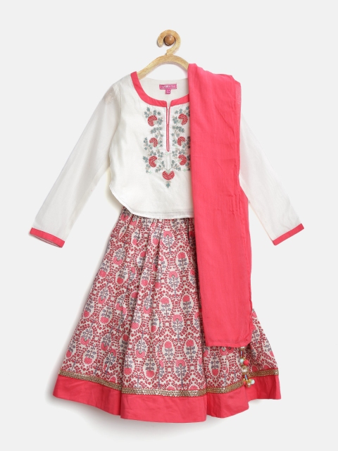 

Biba Girls Coral Pink & Off-White Floral Print Lehenga Choli with Dupatta