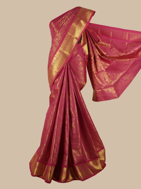 

Pothys Magenta & Gold-Toned Woven Design Zari Silk Blend Saree