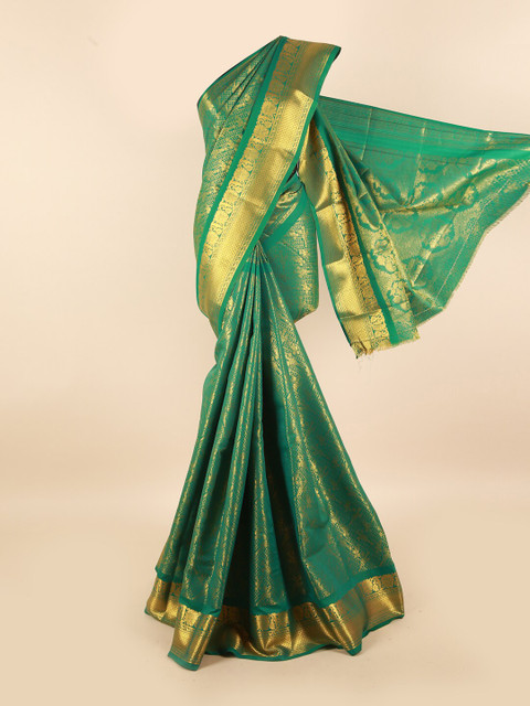 

Pothys Green & Gold-Toned Woven Design Zari Silk Blend Saree