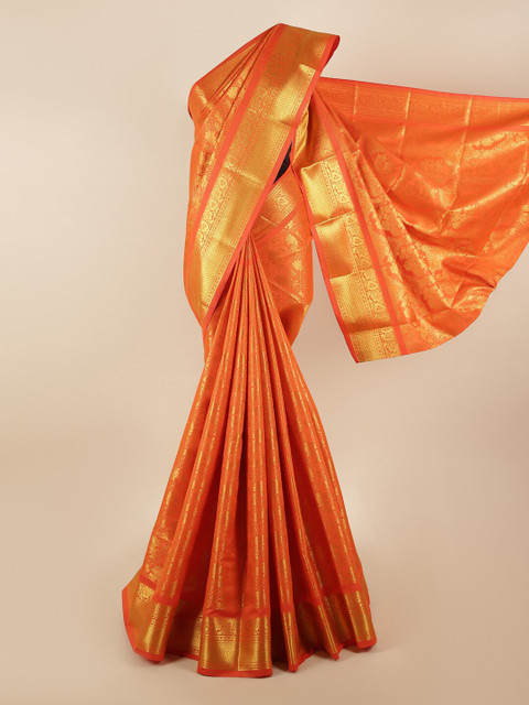 

Pothys Orange & Gold-Toned Woven Design Zari Silk Blend Saree