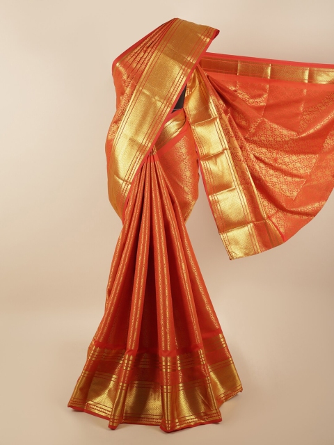 

Pothys Orange & Gold-Coloured Floral Zari Silk Blend Saree