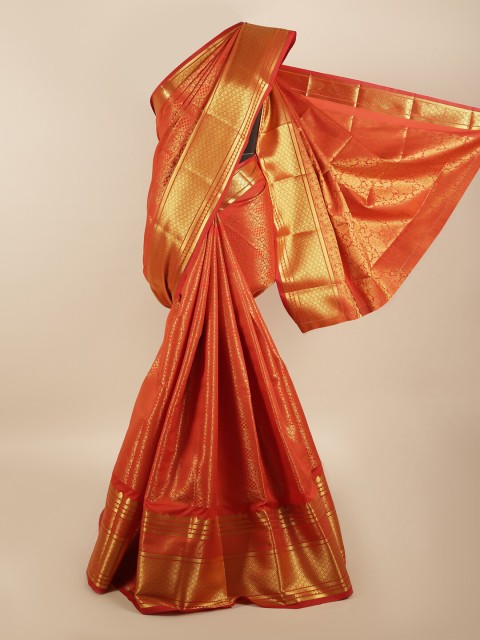 

Pothys Orange & Gold-Coloured Floral Zari Silk Blend Saree