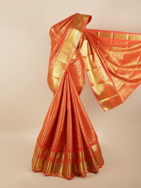 

Pothys Orange & Gold-Coloured Floral Zari Silk Blend Saree