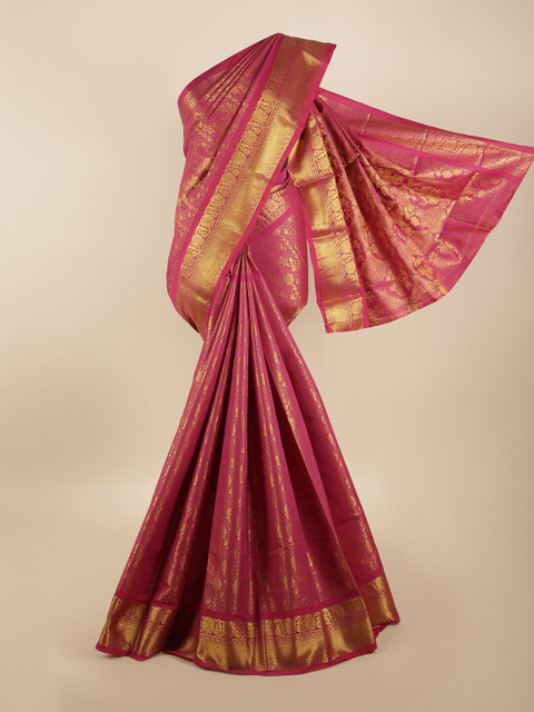 

Pothys Pink & Gold-Coloured Floral Zari Silk Blend Saree