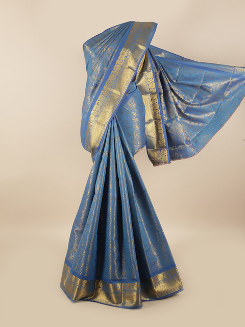 

Pothys Blue & Gold-Coloured Floral Zari Silk Blend Saree