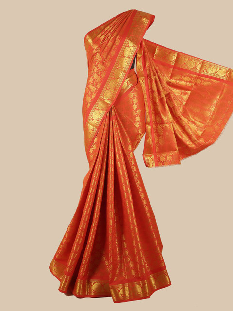 

Pothys Orange & Gold-Coloured Floral Zari Silk Blend Saree