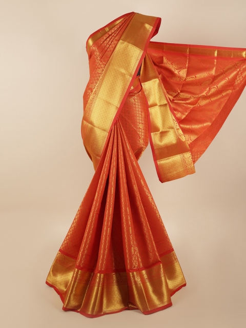 

Pothys Orange & Gold-Coloured Floral Zari Silk Blend Saree
