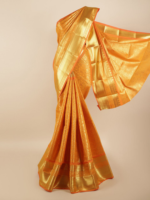 

Pothys Orange & Gold-Coloured Floral Zari Silk Blend Saree