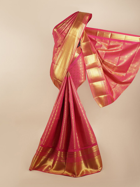 

Pothys Pink & Gold-Coloured Floral Zari Silk Blend Saree