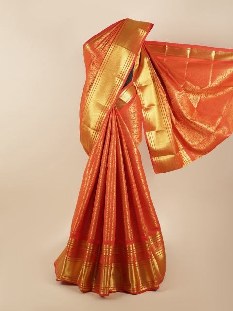 

Pothys Orange & Gold-Coloured Floral Zari Silk Blend Saree