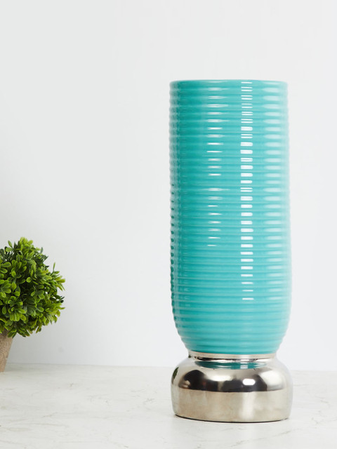 

Home Centre Turquoise Blue & Silver-Toned Striped Ceramic Vase
