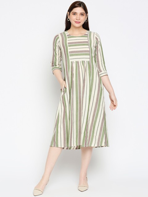 

Kuber Studio Women Beige & Olive Green Striped Cotton A-Line Midi Dress