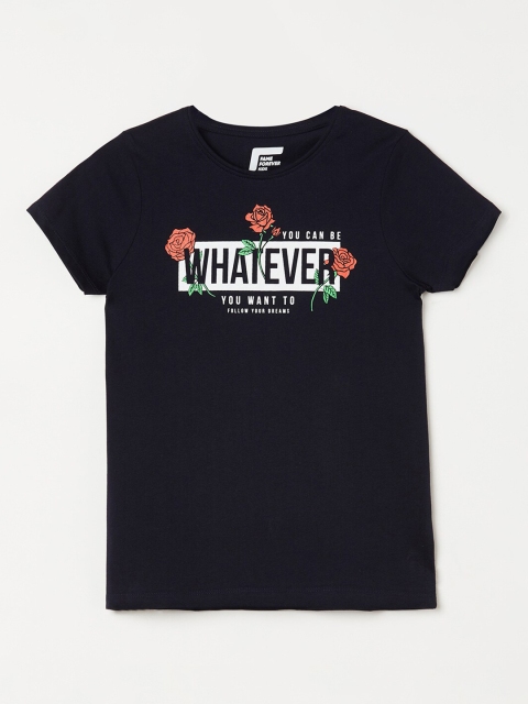 

Fame Forever by Lifestyle Girls Navy Blue Typography Printed Applique T-shirt