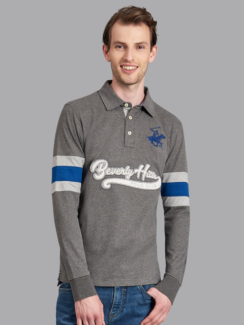 

Beverly Hills Polo Club Men Grey & Blue Colourblocked Polo Collar Applique T-shirt