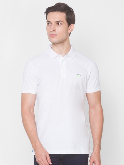 SPYKAR Men White Pure Cotton Polo Collar Solid Slim Fit T-shirt