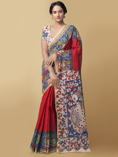 

Unnati Silks Maroon & White Kalamkari Pure Cotton Kanjeevaram Saree