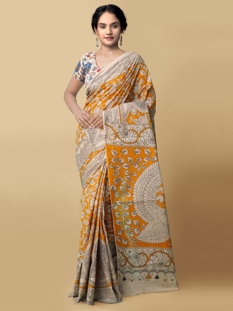 

Unnati Silks Yellow & White Kalamkari Pure Cotton Kanjeevaram Saree