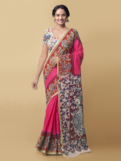 

Unnati Silks Pink & White Kalamkari Pure Cotton Kanjeevaram Saree