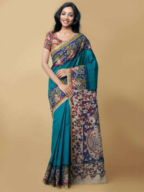 

Unnati Silks Blue & Green Kalamkari Pure Cotton Kanjeevaram Saree