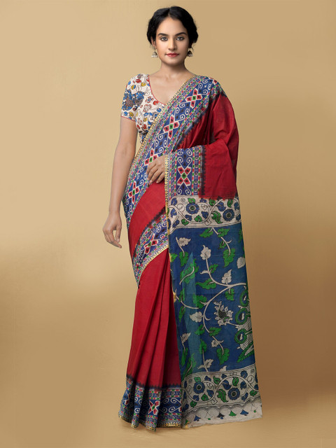 

Unnati Silks Maroon & Blue Kalamkari Pure Cotton Kanjeevaram Saree