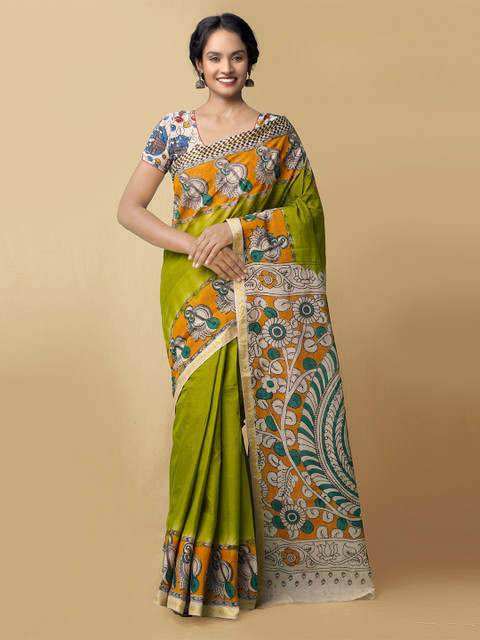 

Unnati Silks Green & Orange Kalamkari Pure Cotton Kanjeevaram Saree
