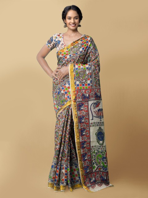 

Unnati Silks White & Blue Kalamkari Pure Cotton Kanjeevaram Saree