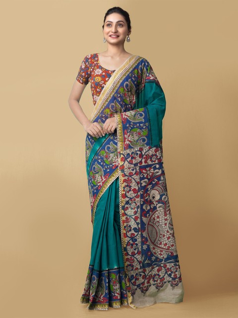 

Unnati Silks Green & White Kalamkari Pure Cotton Kanjeevaram Saree
