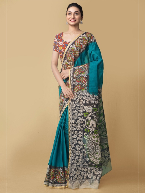 

Unnati Silks Women Green & White Pure Kalamkari Cotton Sustainable Saree