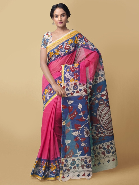 

Unnati Silks Pink & Yellow Kalamkari Pure Cotton Kanjeevaram Saree